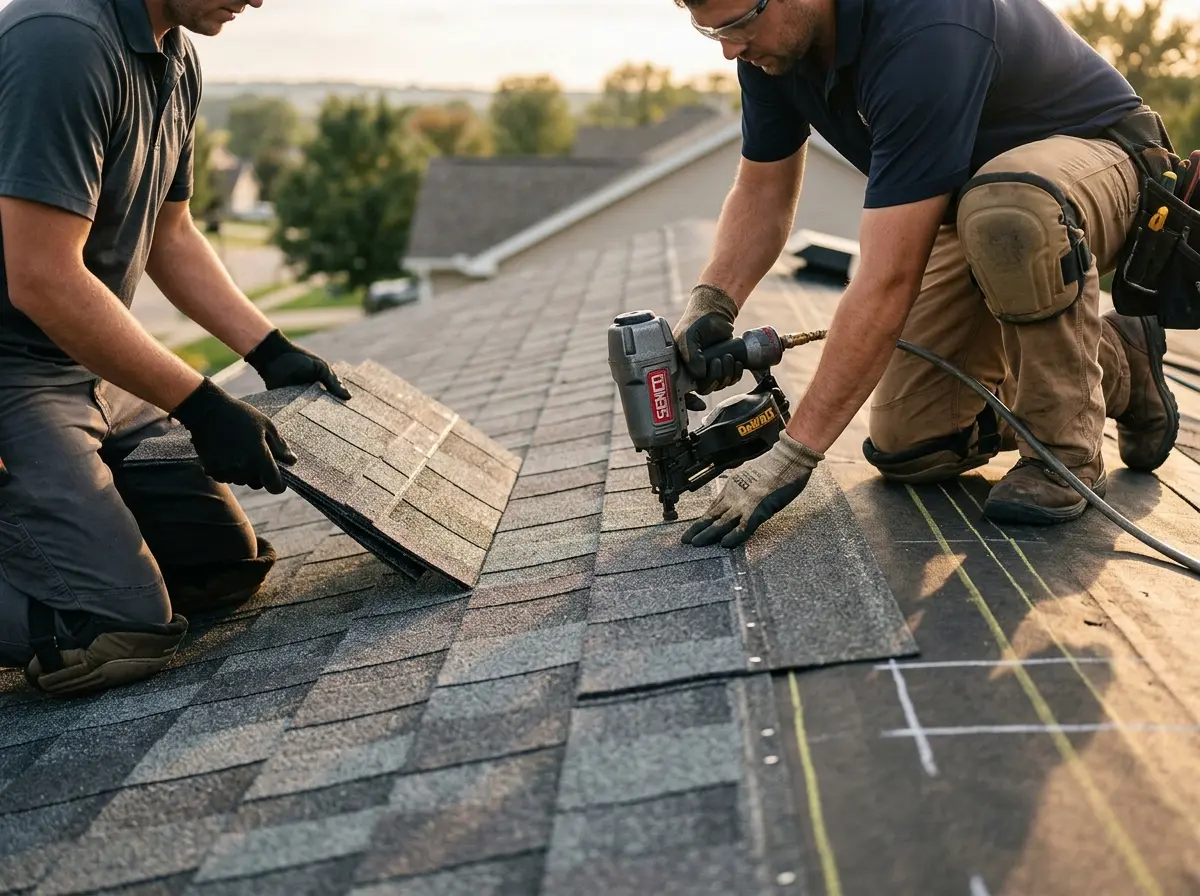 Professional roofer working on a residential roof in Marple